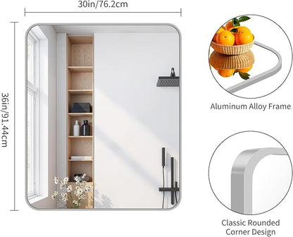 FORBATH 30x36 Inch Silver Bathroom Mirror for Over Sink, Large Rectangular Wall Mirror with Metal Frame, Rounded Corners for Bathroom, Bedroom, Entryway Decor (Horizontal or Vertical)