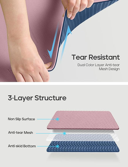 Heathyoga Eco Friendly Non Slip Yoga Mat, Body Alignment System, SGS Certified TPE Material - Textured Non Slip Surface and Optimal Cushioning,72"x 26" Thickness 1/4"