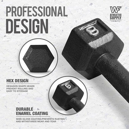 WF Athletic Supply Cast Iron Solid Hexagon Gray/Black Dumbbells, Strength Training Free Weights Set of 2 for Women and Men, Hand Weights Sold by Pairs, Multi-Select Size Options Available
