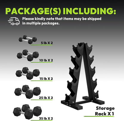 Hex Dumbbell Sets with Rack, 60-550 lb Rubber Encased Exercise & Fitness Dumbbells Set with Rack Option, Hand Weight for Strength Training, Weight Dumbbells