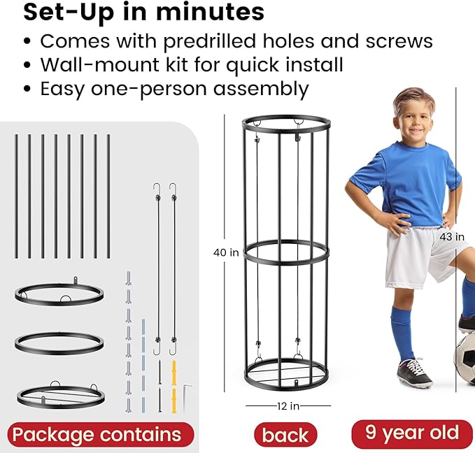 Garage Ball Storage Rack – Freestanding & Wall Mounted Sports Organizer with Elastic Cords Holds 7 Balls – Space Saving Basketball Soccer Football Holder for Home Kids Room