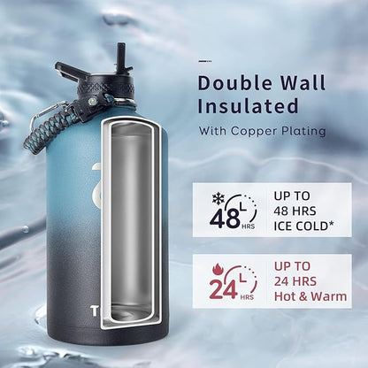 Trebo One Gallon Water Bottle Insulated with Paracord Handle,128oz Large Stainless Steel Water Jug,Vacuum Double Wall Insulated 24hr Cold Retention,Leakproof Flask with 3 Lids,Indigo Black