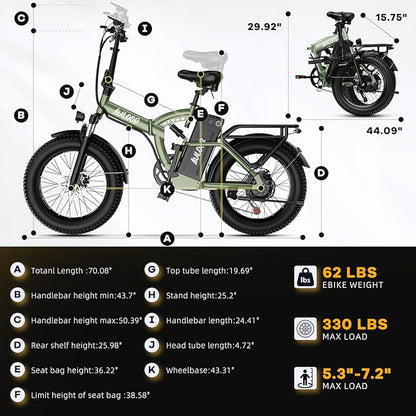 Foldable Electric Bike for Adults, 30+MPH, 48V 20Ah Removable Lithium Battery up to 80Miles, 20" Fat Tire 1000W Peak Motor Dirt Ebike Adult Electric Bicycle for Commute Beach Mountain E Bike