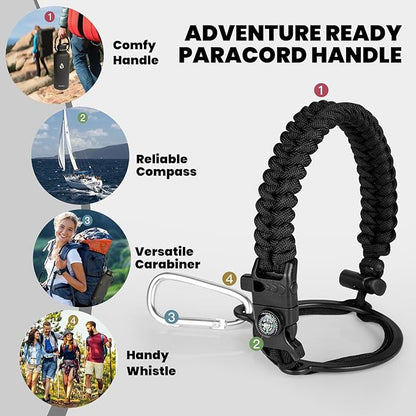 Insulated Water Bottle 87 oz, Triple Wall Vacuum Stainless Steel (Cold for 48 Hrs), Leak Proof & Non-BPA, Modern Water Flask Jug with Paracord Handle & Straw Spout Lids, Magic Black