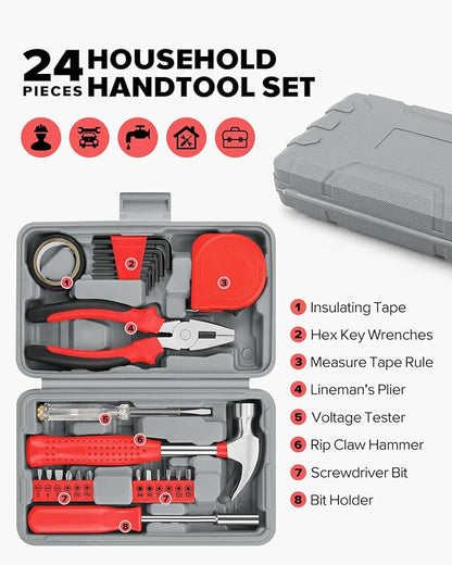 24pcs Home DIY Tool Kit for Household, Office & Garage - General Repair Small Hand Tool Set with Storage Case