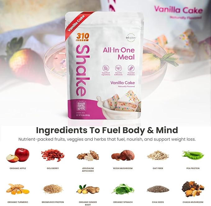 310 Nutrition All-In-One Meal Replacement Shake Powder - Plant-Based Protein Smoothie Blend w/High Fiber, Probiotics & Adaptogens - Low Carb, Vegan, Keto & Paleo Friendly - Vanilla Cake - 14 Srv