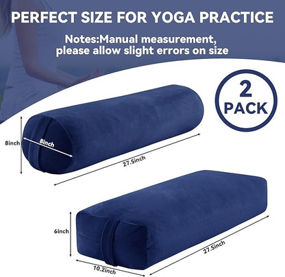 ROYALAY 2 Pcs Yoga Bolster Pillow for Restorative Yoga, Rectangular and Cylinder Meditation Pillow Set with Carrying Handles, Supportive Cushion for Exercise Workout Stretching Meditation,Dark Blue