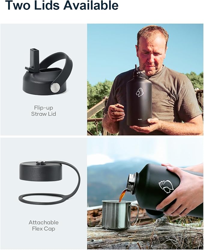 BUZIO 1 Gallon Water Jug with Straw Handle Lid, 128oz Water Bottle Stainless Steel Double Wall Hydro Jug 18/8 Food Grade Thermo Mug Keep Cold 48H & Hot 24H, Black