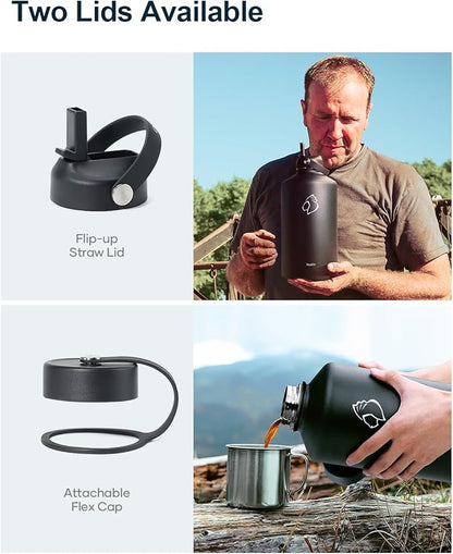 BUZIO 1 Gallon Water Jug with Straw Handle Lid, 128oz Water Bottle Stainless Steel Double Wall Hydro Jug 18/8 Food Grade Thermo Mug Keep Cold 48H & Hot 24H, Black