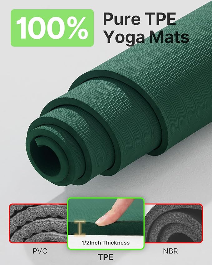 YOTTOY Large Yoga Mat (75 * 52 * 1/2inch),Extra Wide TPE Exercise Mat,Non-Slip Workout Mat for Pilates, Fitness, Barefoot, Home Gym Studio with Strap and Towel