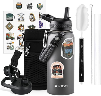 32 oz Insulated Water Bottle with Straw (Cold for 48 Hrs), Stainless Steel Triple Wall Vacuum Sports Water Jug, Leakproof Hydro Cup Flask with Paracord Handle & Straw Spout Lids & DIY Stickers