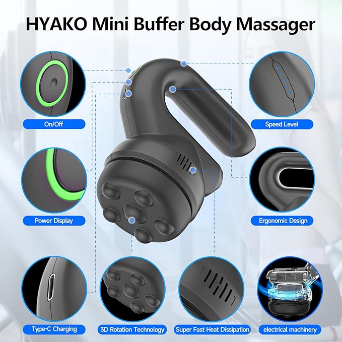 HYAKO Handheld Professional Mini Orbital Buffer Relief Massager, Adjustable Multi-Speed Vibration Deep Tissue Body Chiropractic Massager for Neck, Shoulder, Leg,Back muscle pain relief massage therapy