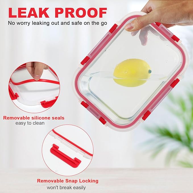 30 Pieces Glass Food Storage Containers Set, Glass Meal Prep Containers Set with Snap Locking Lids, Airtight Glass Lunch Containers, Microwave, Oven, Freezer & Dishwasher, Red