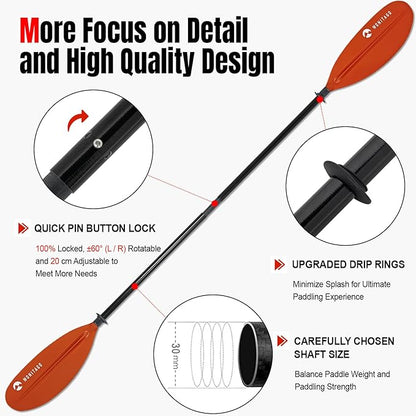Kayak Paddles with Fiberglass Shaft and Reinforced PP Blade, Floating Adjustable Kayaking Oars, 3 Piece, 220-240 cm/86-94 Inches, 240-260 cm/94-102 Inches