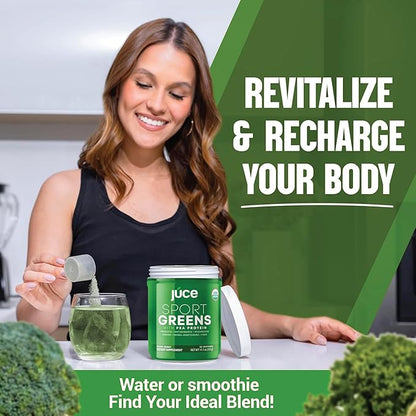 Juce SG7 Sport Greens Powder Supplement | Organic Plant Based Protein | Green Juice Powder | Probiotics | Mushrooms | Mixed Berry Flavor | 30 Servings | By Terra Kai Organics