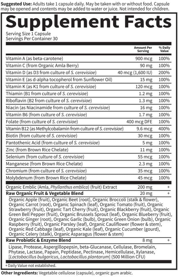 Garden of Life Vitamin Code Raw One for Men, Once Daily Multivitamin, 30 Capsules, One a Day Mens Vitamins Plus Fruit, Veggies & Probiotics for Mens Health, Vegetarian Multivitamins
