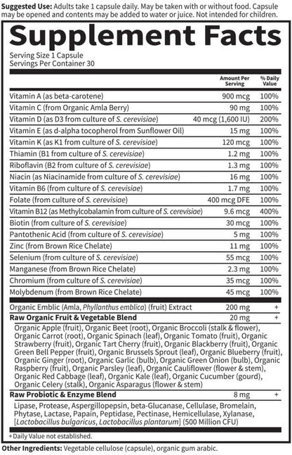 Garden of Life Vitamin Code Raw One for Men, Once Daily Multivitamin, 30 Capsules, One a Day Mens Vitamins Plus Fruit, Veggies & Probiotics for Mens Health, Vegetarian Multivitamins