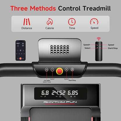 RHYTHM FUN Incline Foldable Treadmill, Walking Pad Treadmill with Incline, 300 lbs Portable Treadmills with Handles for Home Office Use, Under Desk Compact Walking Pad