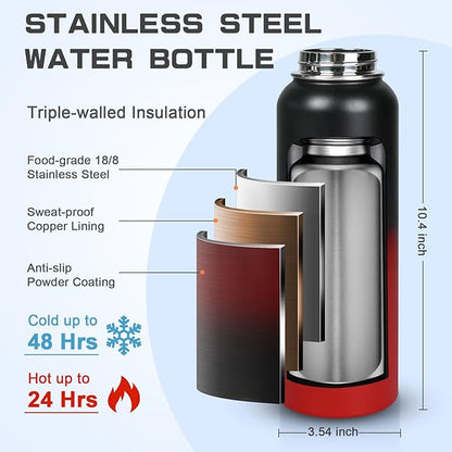 40 oz Insulated Water Bottle with Straw& Spout 2-in-1 Lid, Triple Wall Vacuum Stainless Steel Cold 48H, Leak Proof Sports Metal Flask Jug with Paracord Handle, Black Red