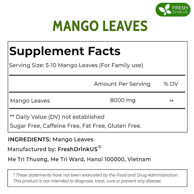 FreshDrinkUS, Premium 140+ Mango Whole Leaves Dried, 100% Natural & Pure from Dried Mango Leaves, Mango Leaf Tea, No Additives, No Caffeine, Vegan