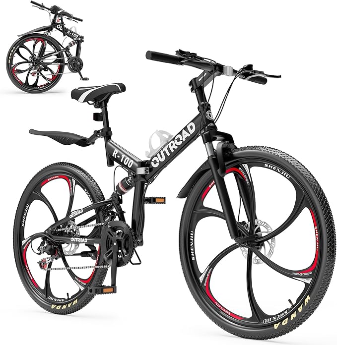 26 Inch Folding Mountain Bike, 21 Speed Full Suspension Bicycle with High-Carbon Steel, Dual Disc Brake Non-Slip Quick Release tire Folding Bicycle for Adults/Men/Women