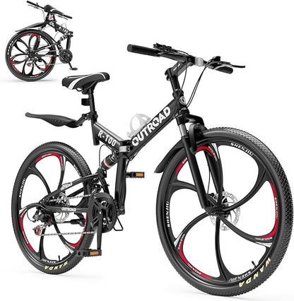 26 Inch Folding Mountain Bike, 21 Speed Full Suspension Bicycle with High-Carbon Steel, Dual Disc Brake Non-Slip Quick Release tire Folding Bicycle for Adults/Men/Women