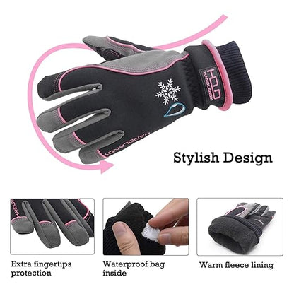 HANDLANDY Waterproof Insulated Work Gloves, 3M Thinsulate Thermal Winter Gloves for Men Women Touch Screen, Warm Ski Snowboard Cold Weather Gloves (Small, Pink)