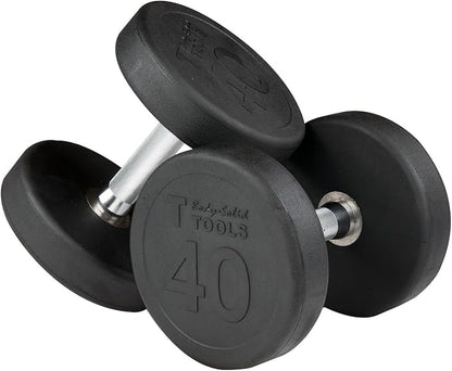Body-Solid (GDR363-SDP) Round Rubber Dumbbell Set with Rack and Floor Mat, Includes 5-40 lb Dumbell Pairs with Chrome-Plated Handles, Commercial and Home Gym Weight Holder for Dumbbells