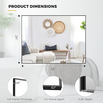 24x32 Inch Black Bathroom Mirror for Wall, Aluminum Frame Rectangle Rectangular Vanity Mirror, Modern Large for Bedroom, Living Room, Horizontal or Vertical