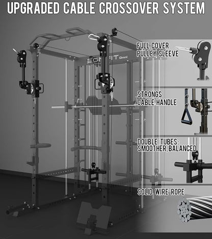 Eonfit E5 Smith Machine with Vertical Leg Press, Power Cage Squat Rack with LAT-Pull Down Cable Crossover Rotating Arms System Home Gym Equipment All in One (E5 RED)