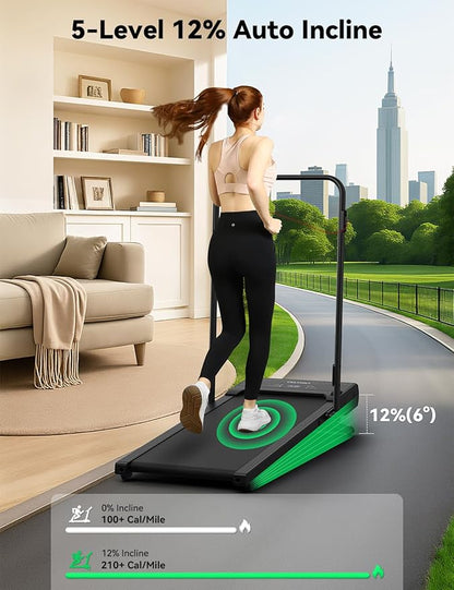 Walking Pad Treadmill, 12% 5-Level Auto Incline, 2-in-1 Under Desk Foldable w/Remote Control, 12 HIIT Mode, 265 Lbs, 7.6 MPH Max, Portable Treadmill for Office Home, No Tablet Stand