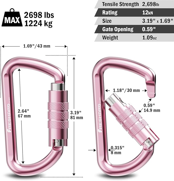 FresKaro 3inch 12kN-2698lbs Auto Locking Carabiner Clips, Solid D Shape, Heavy Duty 7075 Aluminum, Lightweight 1.09oz, Rust Proof, for Hammock, Hiking, Dog Leash, Keychain etc., Multi-Colors
