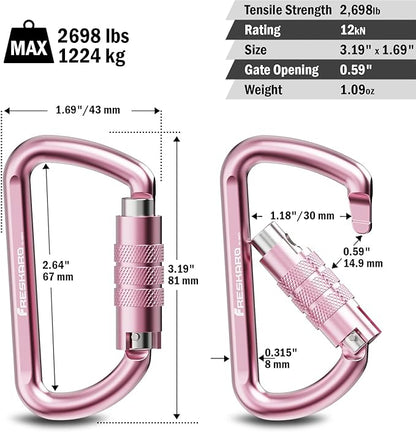 FresKaro 3inch 12kN-2698lbs Auto Locking Carabiner Clips, Solid D Shape, Heavy Duty 7075 Aluminum, Lightweight 1.09oz, Rust Proof, for Hammock, Hiking, Dog Leash, Keychain etc., Multi-Colors