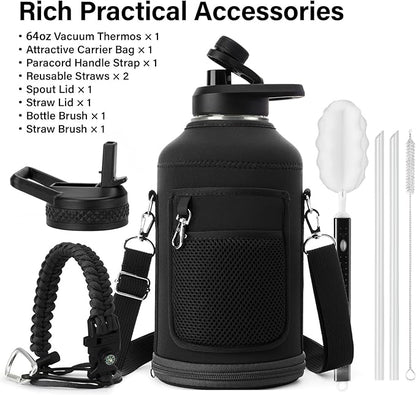 Insulated Water Bottle | Thickened Stainless Steel Vacuum Metal | Portable Sports Half Gallon Large Water Jug for Gym and Hiking with Straw, Carrier Bag, Handle Strap | BPA-Free 64 oz