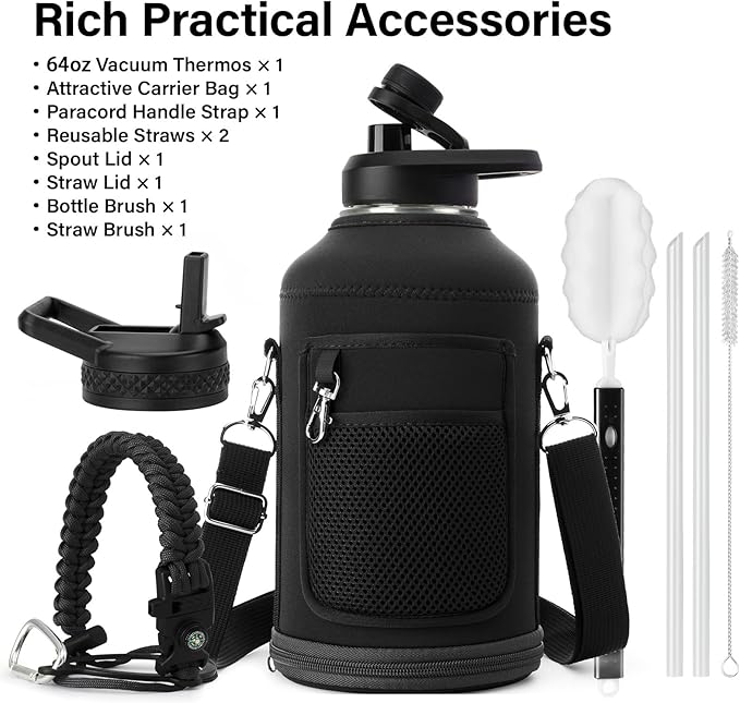 Insulated Water Bottle | Thickened Stainless Steel Vacuum Metal | Portable Sports Half Gallon Large Water Jug for Gym and Hiking with Straw, Carrier Bag, Handle Strap | BPA-Free 64 oz