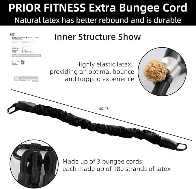 PRIOR FITNESS Premium Bungee Cord, Heavy Duty Bungee Fitness Cord,110-176Pounds Resistance Cord Elastic Rope Suspension Workout Fitness Bands for Exercise at Home Gym Include ONLY 1* Extra Bungee Cord