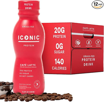 Iconic Protein Drinks, Café Latte (12 Pack) - Sugar Free & Low Carb - 20g Protein + 100mg Caffeine - Lactose Free, Gluten Free - Keto Friendly Protein Coffee