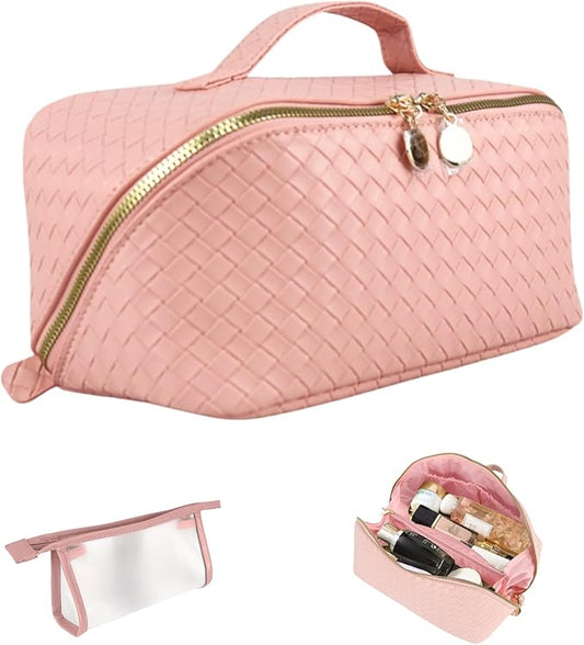 Large Capacity Travel Makeup Bag Organizer Makeup bag Set – Includes Transparent Pouch & Dust Bag PU Leather Cosmetic Bag Toiletry Bag for Women With Dividers, Handle Portable Design (Pink)