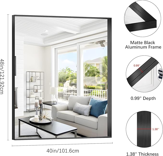Black Bathroom Mirror, 40x48 Inch Rectangular Framed Mirror, Large Wall Mounted Bathroom Vanity Mirror Over Sink for Bedroom,Restroom, Living Room, Hangs Vertically or Horizontally