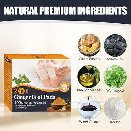 2 in 1 Foot Pads, Tear and Use Ginger Wormwood with Pure Natural Ginger Powder Bamboo Vinegar Wormwood, Bigger Adhesive ''Stay in Place'' All Night, 20 Pads