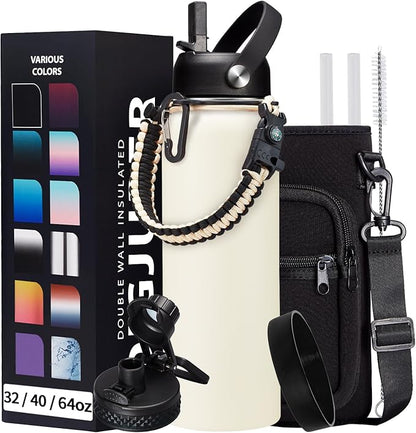 40oz Insulated Water Bottle - w/Straw Spout Lid, Bottle Holder with Strap, Paracord Handle, Protective Bottom Boot, Stainless Steel Metal Thermo Jug Flask Cold 48h & Hot 24h, Cream White