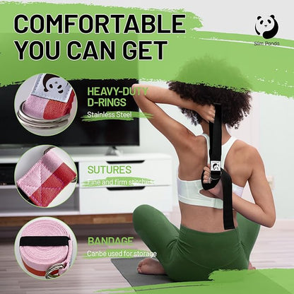 Slim Panda Yoga Strap for Stretching,Cotton Yoga Strap with Adjustable D-Ring Buckle,Non-Elastic Yoga Belt for Pilates,Gym Workouts,Physical Therapy,Improve Flexibility