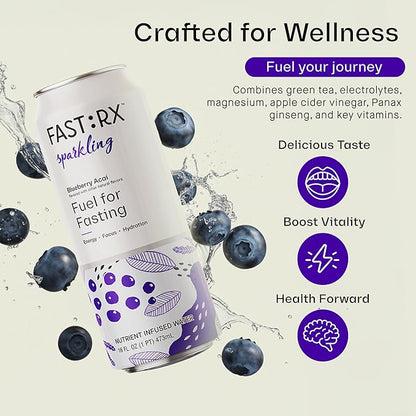 FASTRX Blueberry Acai Sparkling Fasting Electrolyte Drink – Hunger Suppressant, Includes Essential Electrolytes and Vitamins, De-Sugared Lemon Juice – Zero Sugar, 16 Fl Oz, Pack of 12