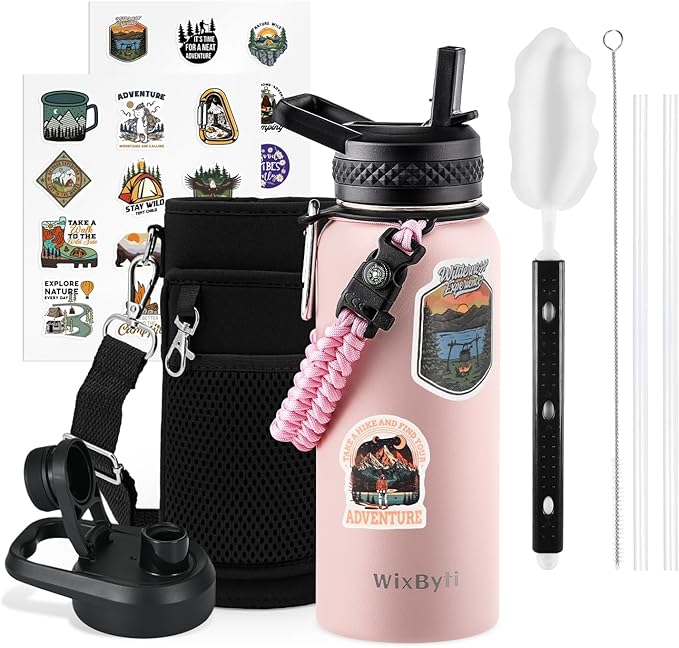 32 oz Insulated Water Bottle with Straw (Cold for 48 Hrs), Stainless Steel Triple Wall Vacuum Sports Water Jug, Leakproof Hydro Cup Flask with Paracord Handle & Straw Spout Lids & DIY Stickers