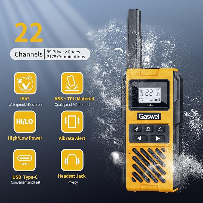 G1pro IP67 Waterproof Floating Walkie Talkies Long Range for Adults,Heavy Duty Two Way Radio with Double Watch,FM Radio,VOX,USB-C,SOS & NOAA Weather Alerts,Rechargeable Lithium Battery(4 Pack)