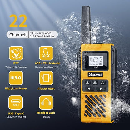 G1pro IP67 Waterproof Floating Walkie Talkies Long Range for Adults,Heavy Duty Two Way Radio with Double Watch,FM Radio,VOX,USB-C,SOS & NOAA Weather Alerts,Rechargeable Lithium Battery(4 Pack)