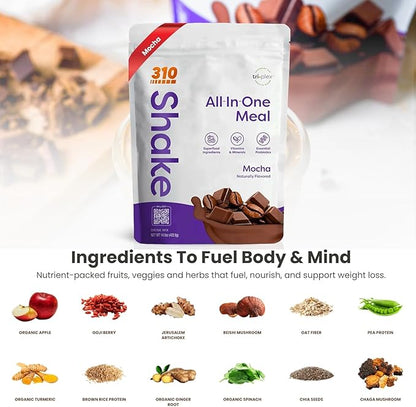 310 Nutrition All-In-One Meal Replacement Shake Powder - Plant-Based Protein Smoothie Blend w/High Fiber, Probiotics & Adaptogens - Low Carb, Vegan, Keto & Paleo Friendly - Mocha - 14 Srv
