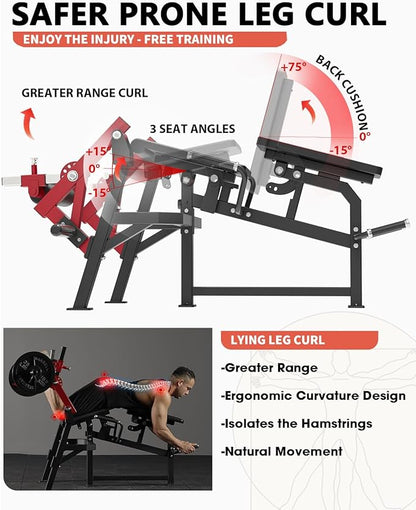 GMWD Leg Extension and Curl Machine, Single Leg Extension, Lying Leg Curl, Standing Leg Curl, Adjustable Leg Exercise Bench with Plate Loaded, Leg Machine Home Gym, Red