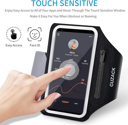 GUZACK Running Phone Holder with Zipper Pouch, Running Armband for iPhone 16/15/14/13/12/11 Pro Max/Plus, Galaxy S25/S24/S23/S22, Cell Phone Arm Holder with Card Slot - Size L (Bigger Arm 14-17 in)
