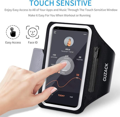 GUZACK Running Phone Holder with Zipper Pouch, Running Armband for iPhone 16 Pro/15/14/13/12/11 Pro Max/Plus/XR/XS, Galaxy S25/S24/S23/S22, Cell Phone Arm Holder with Card Slot - Size S